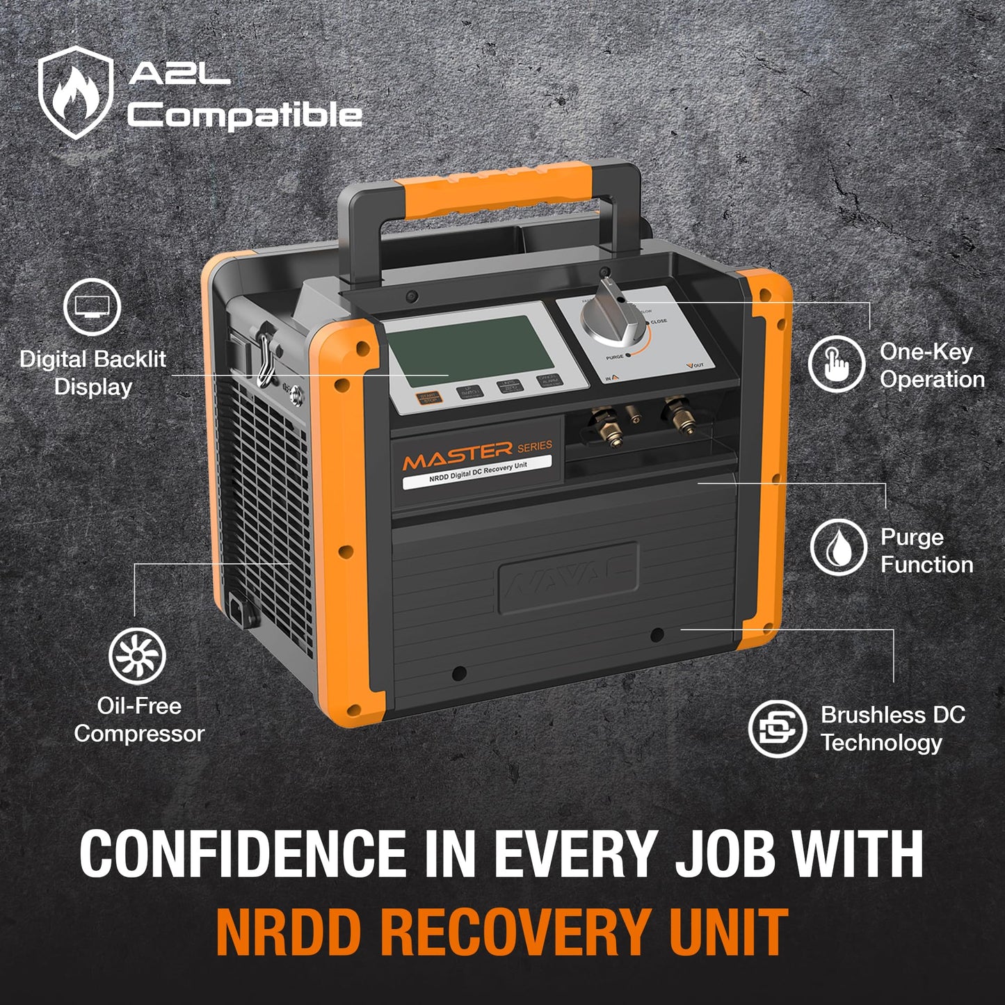 NAVAC NRDD Recovery Unit - Twin Cylinder, HVAC Recovery Machine, Master Series, AC Recovery Unit for Freon, Large Backlit Digital Interface, Refrigerant and HVAC System Maintenance, A2L Compatible