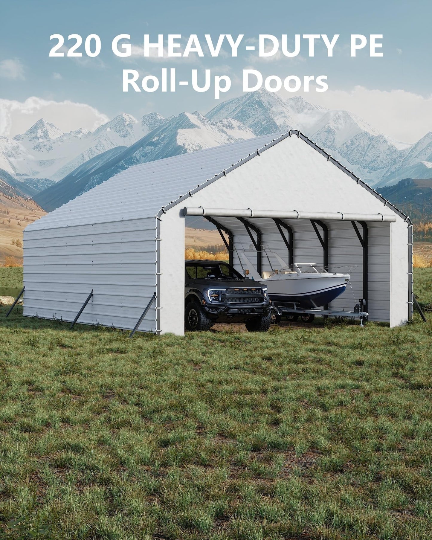 GarveeLife Heavy-Duty PE Enclosure Kit (2-Pack) for Metal Carport - 220gsm Roll-Up Zipper Door Panels for 20x25, 20x20 ft, with Ball Bungees, White
