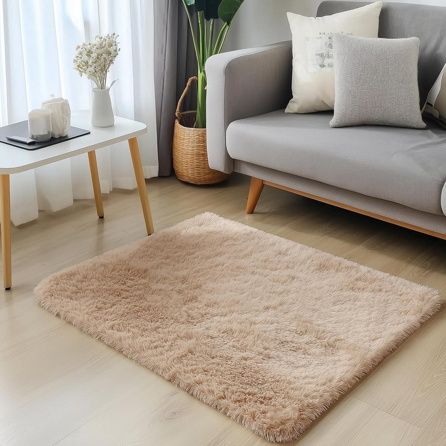 OLANLY Soft Fluffy Shaggy Bedside Rug - Machine Washable 3x3 ft Entryway Carpet | Beige Decor for Kids' Rooms