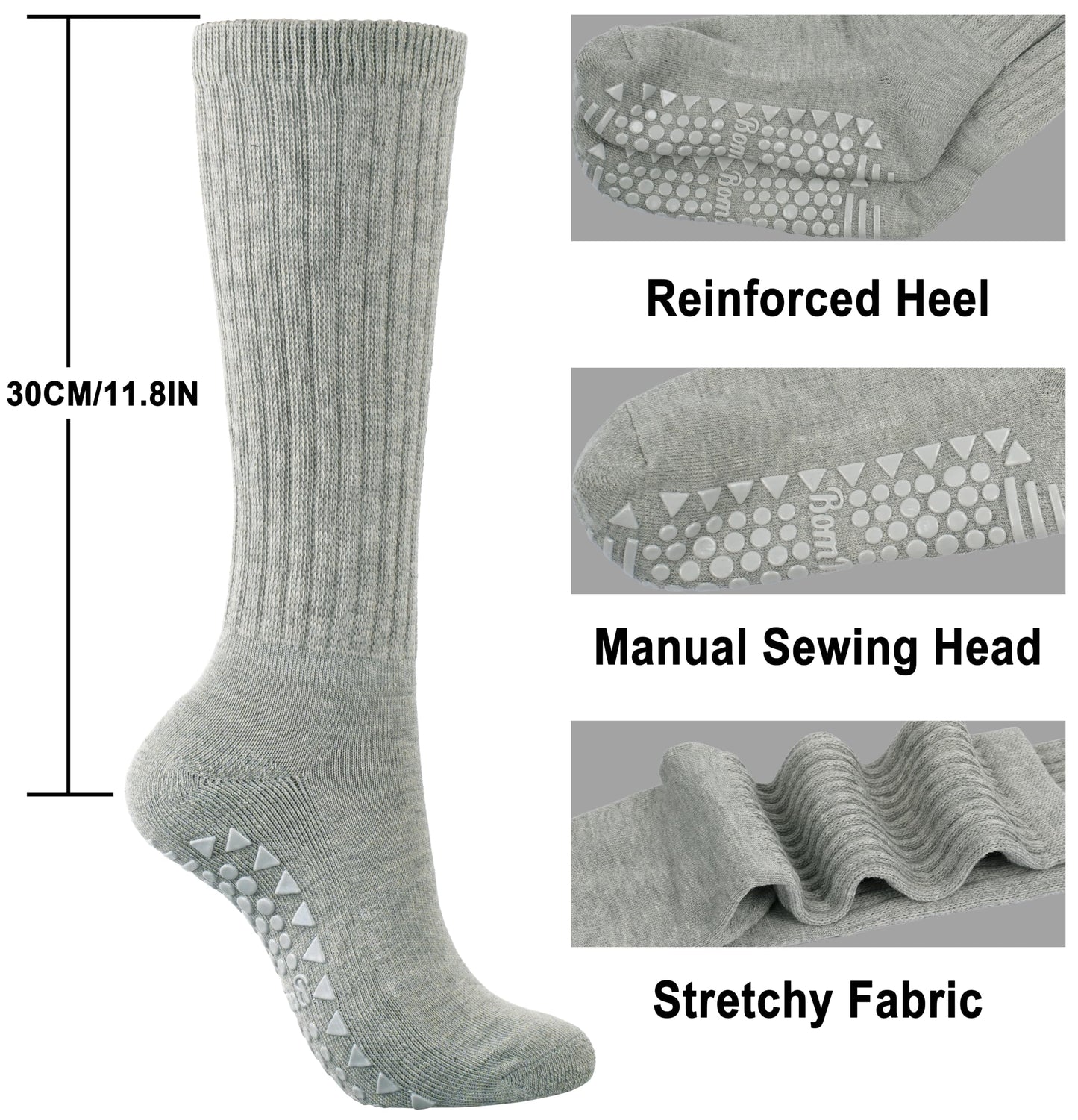 BomKinta Pilates Socks with Grips for Women Yoga Grippy Slouch Scrunch Sock Slipper Socks for Barre Workout Hospital Gifts Size 5-11 3 Pairs Black White Grey