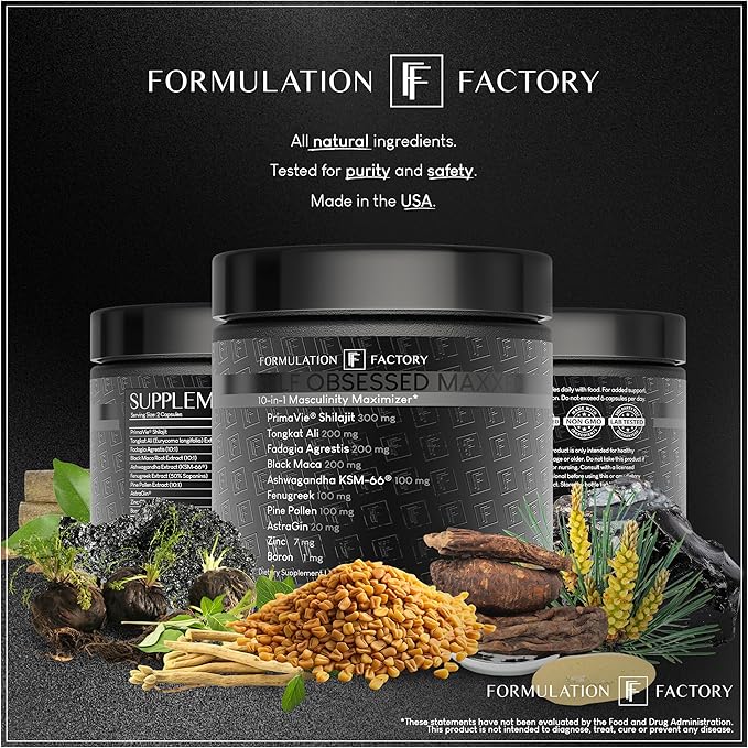 Self Obsessed MAXXED: 10-in-1 Men's Vitality Formula with Shilajit, Tongkat, Ashwagandha, Maca, Fadogia, Fenugreek, Pine Pollen, Zinc, Boron & AstraGin® - 120 Capsules ??2-Month Supply (1 Pack)