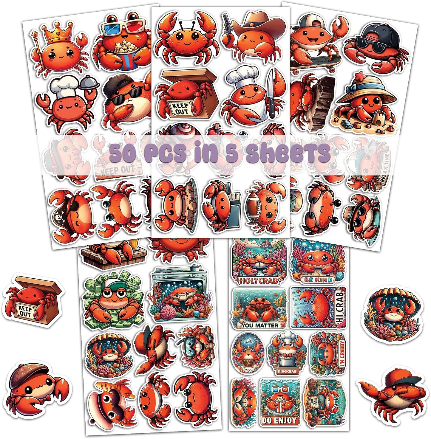 BIGZORO Pack 50 PCS Crab Stickers Print Sea Ocean Animal Waterproof Vinyl Decals Cute Items for Men Women Kids Boys