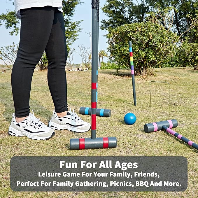 Six Player Deluxe Croquet Set, 35'' Croquette Game with Premium Wooden Mallets/Colored Balls/Wickets/Stakes/Carrying Bag, Outdoor Lawn Backyard Games for Teens Adults Family