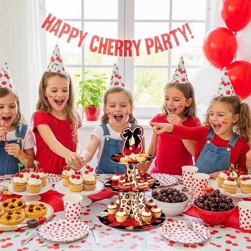 Haooryx Cheetah Cherry Cupcake Stand - 3 Tier Red Cherry Bow Leopard Print Cupcake Tower Cardboard Dessert Holder Pastry Platter for Baby Shower Girls Birthday Wedding Holiday Party Table Decoration