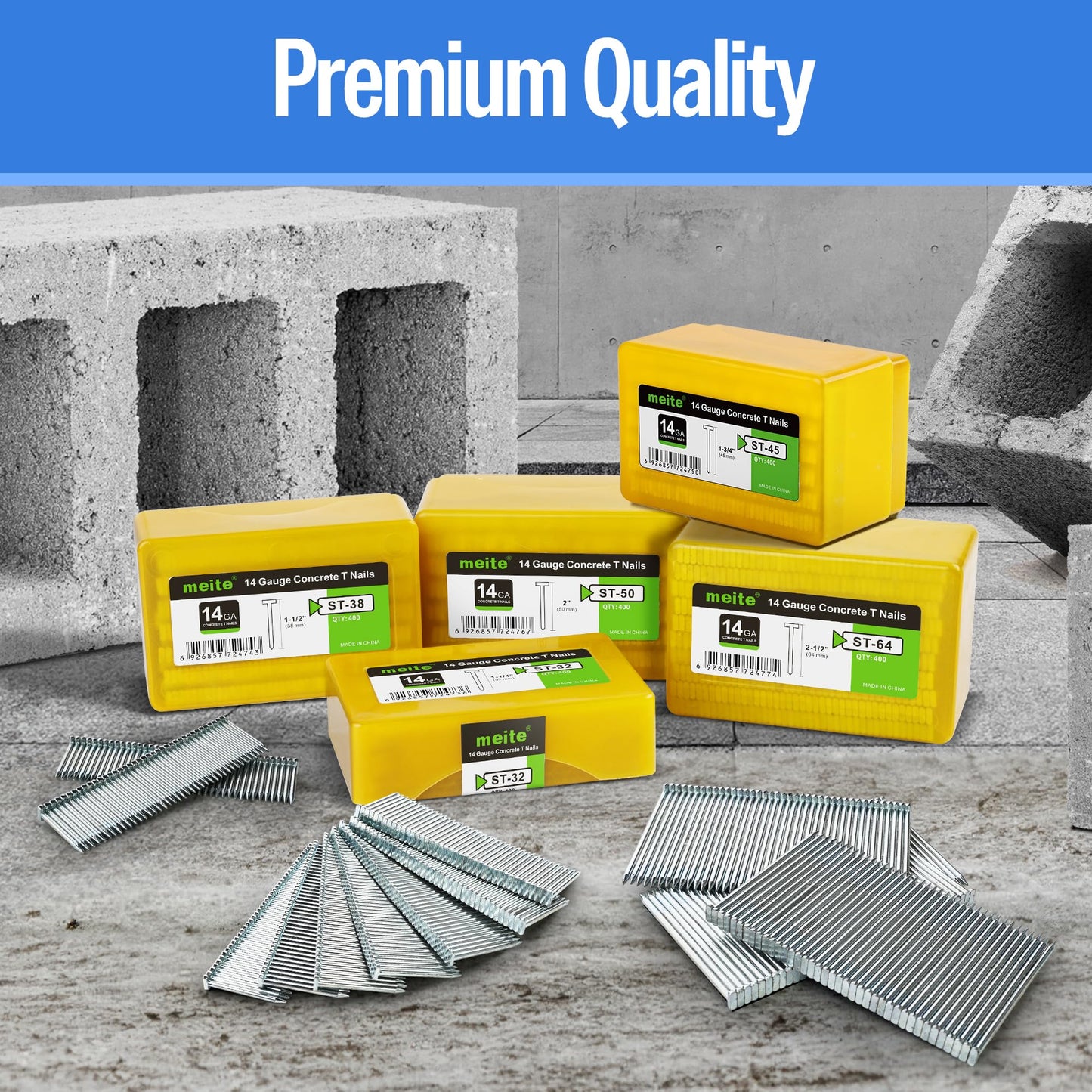 meite 14 Gauge Concrete Nails 1-3/4 Inch 8,000pcs Galvanized Hardened T-Nails for Electric or Pneumatic Nailer Gun - Wood-to-Concrete & Block & Steel, No-Bend (400PCS x 20 Boxes)