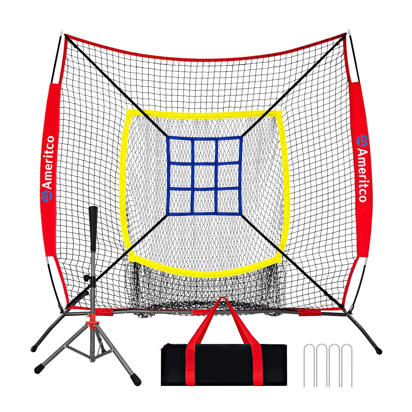Ameritco Baseball Net，7x7ft Baseball Practice Net with Tee and Target, Large Pocket Sports net for Hitting/Batting/Pitching/Throwing,Scratch Resistant Base, Versatile Use for All Levels (Red)