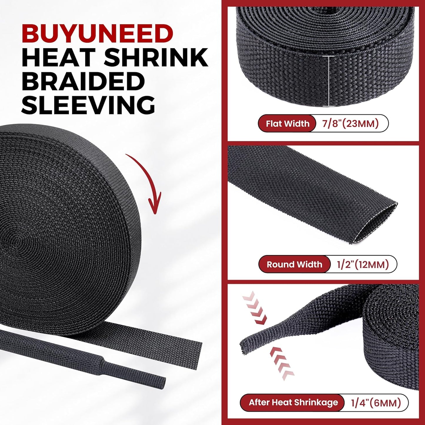 BuyUneed 2:1 (1/2" 16ft) Braided Sleeving Shrinkable Fabric Heat Shrink Tubing- Abrasion Protection Flexibility Wiring