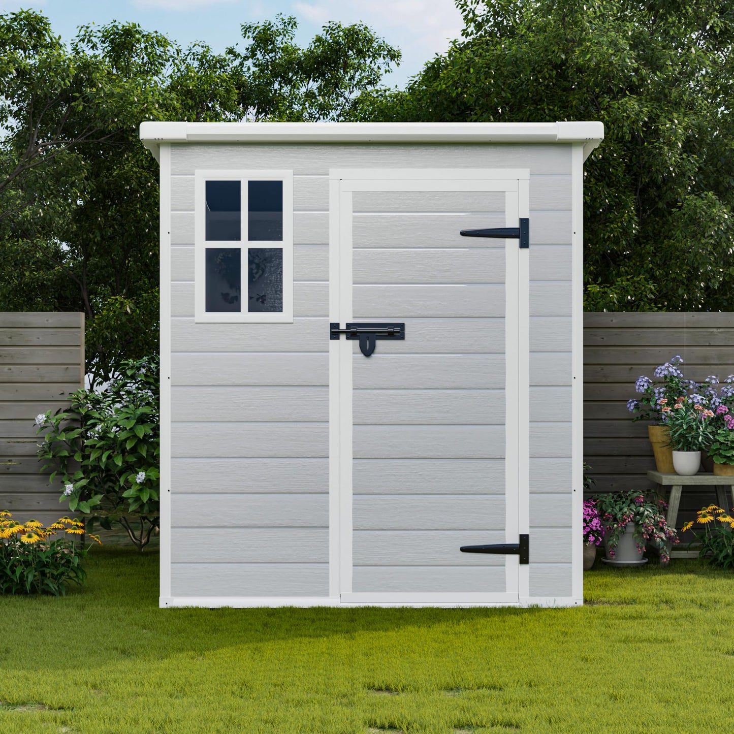 Praxatek 6x6 FT Outdoor Storage Shed, Waterproof Resin with Floor, Window, Lockable Door and Vents, Light Gray