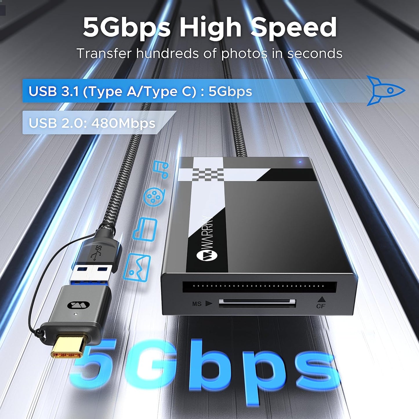 Warrky 7 1, USB3.0/USB 2.5FT 17, SD Card Reader in [Dual Connector C, Nylon Cable] Memory Camera Card Adapter Hub