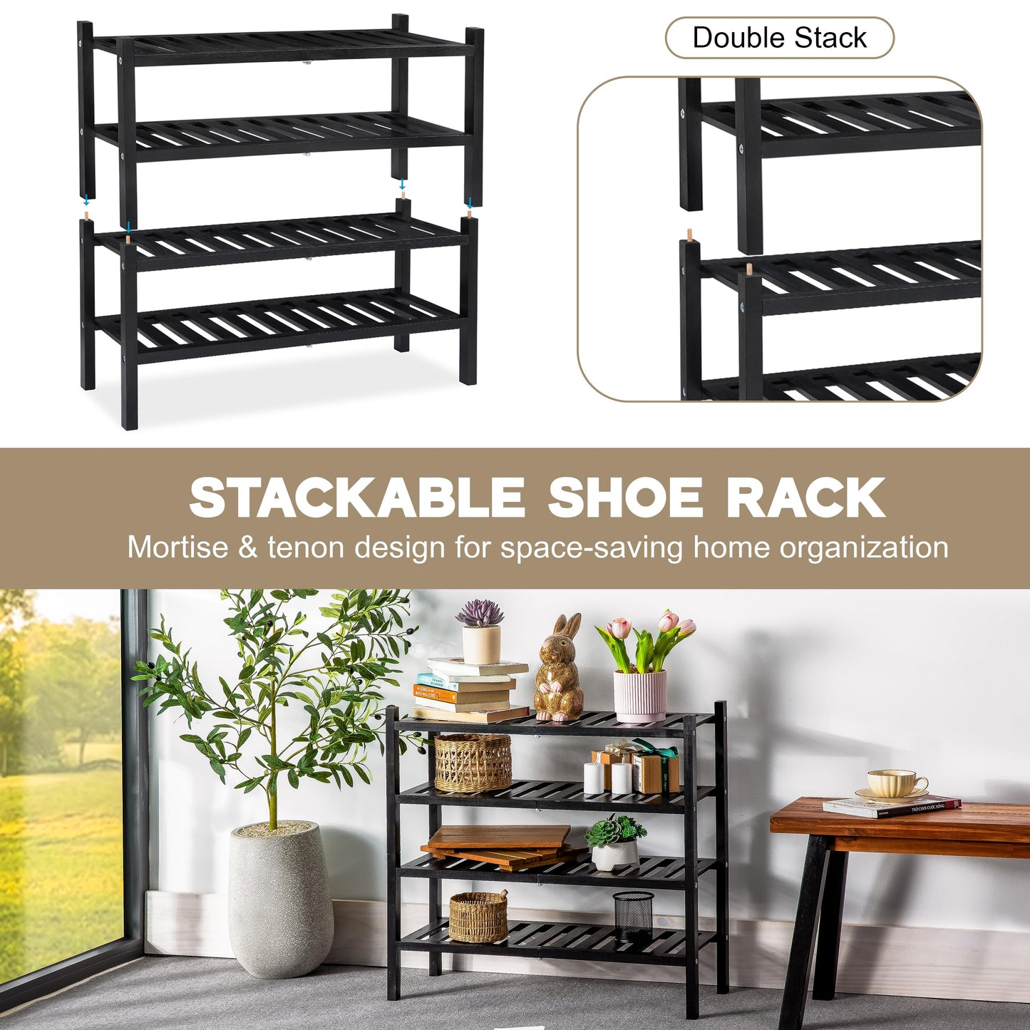 VICTORY RELAX 2-Tier Acacia Wood Shoe Rack - Stackable Entryway Organizer for Closet, Entryway, Easy Assembly, Indoor/Outdoor Storage Stand (Black)
