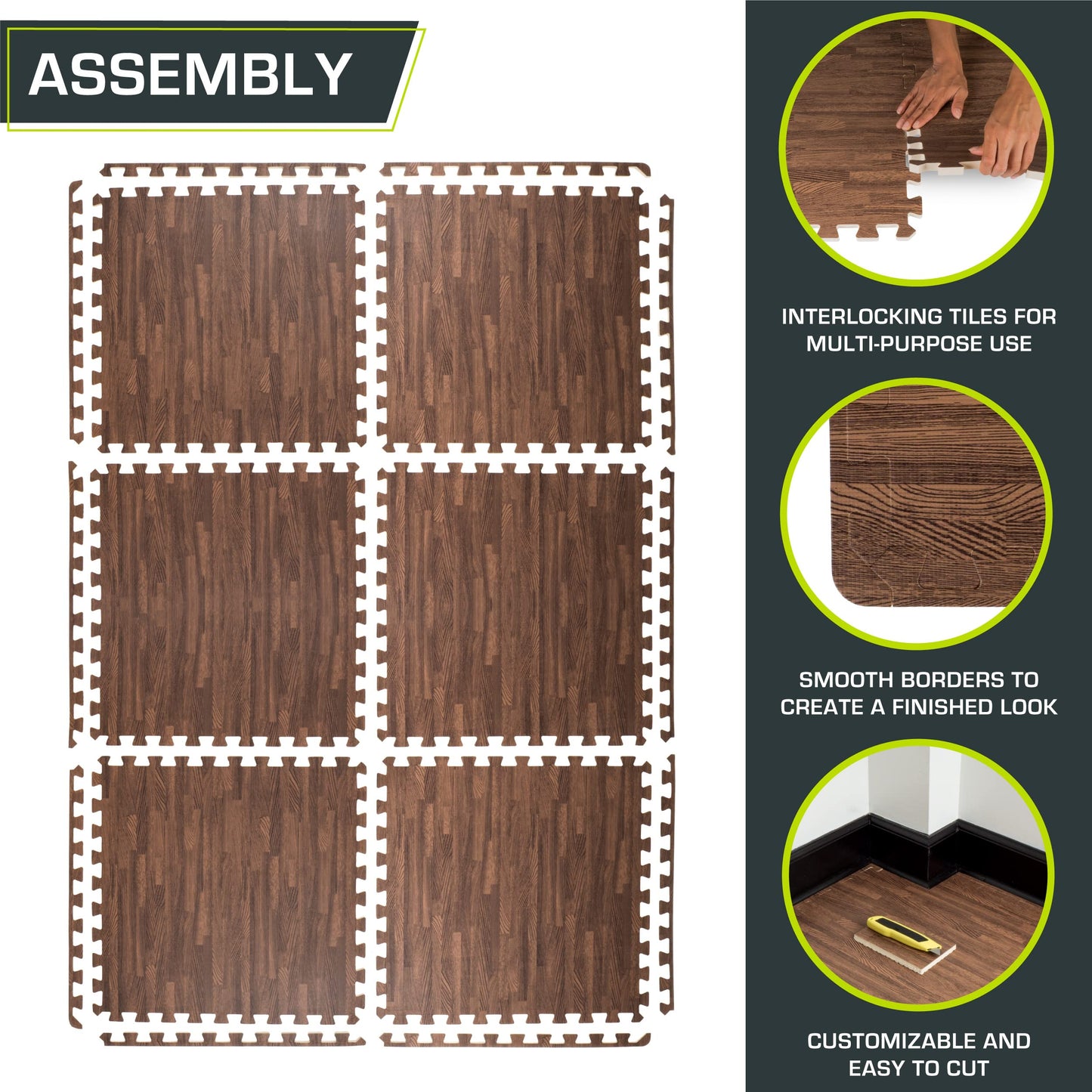 ProsourceFit Wood Grain Puzzle Mat ½-inch, 6 EVA Foam Interlocking Floor Tiles (24 SQ FT) for Secure Indoor Gym Flooring, Office Spaces, Living Rooms, and Play Areas, Dark Oak