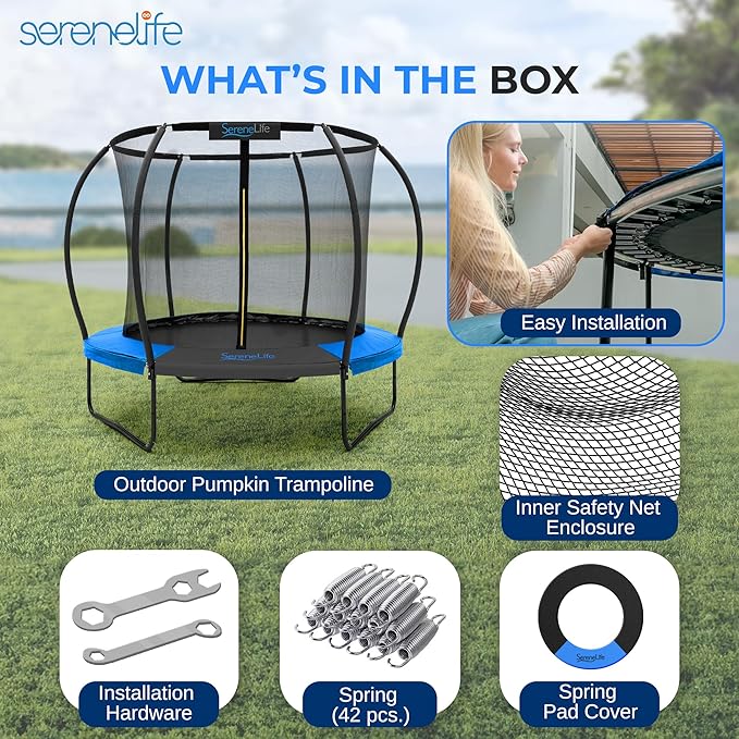 SereneLife 8FT 10FT 12FT 14FT Outdoor Trampoline for Kids and Adults – ASTM Certified Heavy-Duty Backyard Trampoline with Safety Poles, Net Enclosure, and Stable Anti-Rust Frame