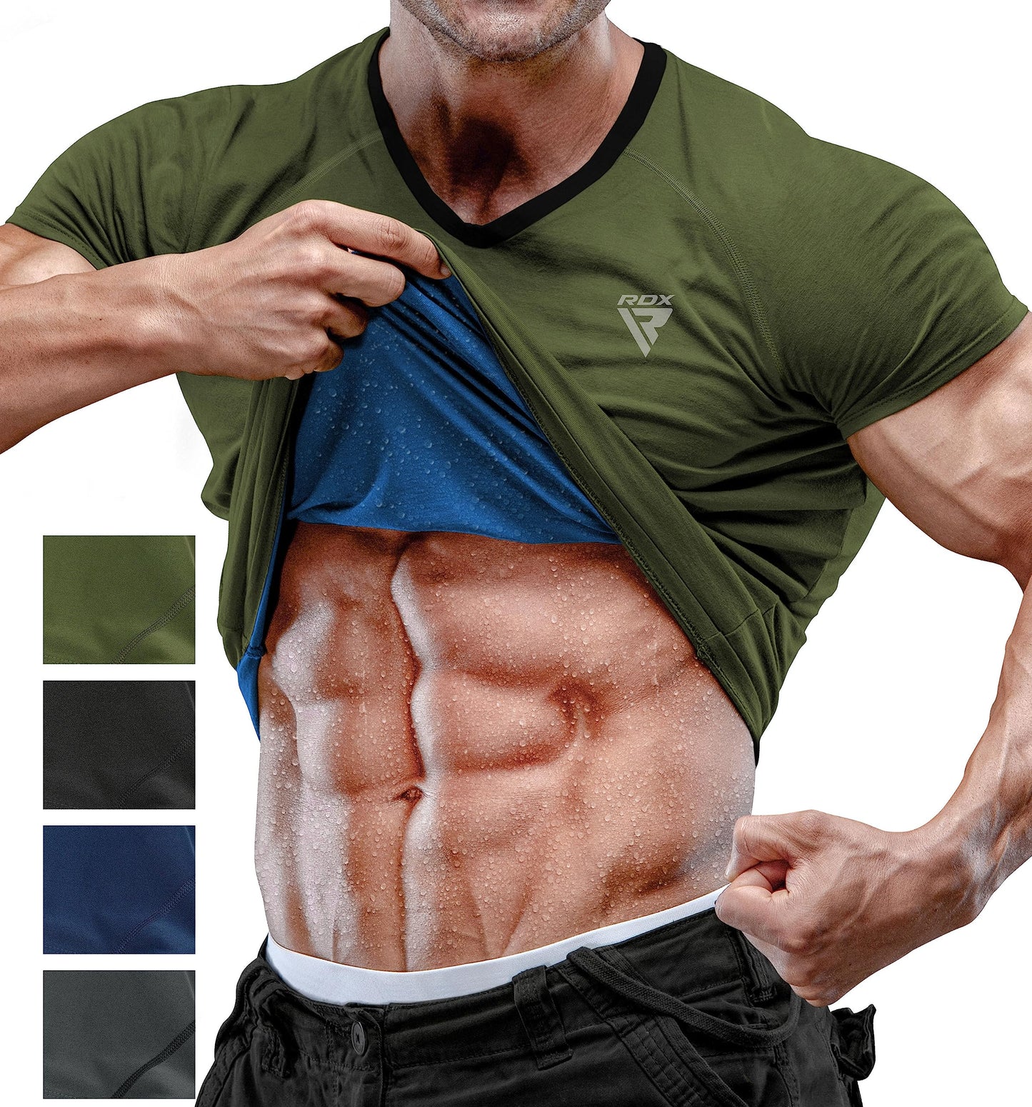 RDX Men's Sauna Shirt Heat Trapping Sweat Suit - Reach Oeko TEX 100 Certified T-Shirt - Gym Workout Fitness Tank Top Trimmer Army Green