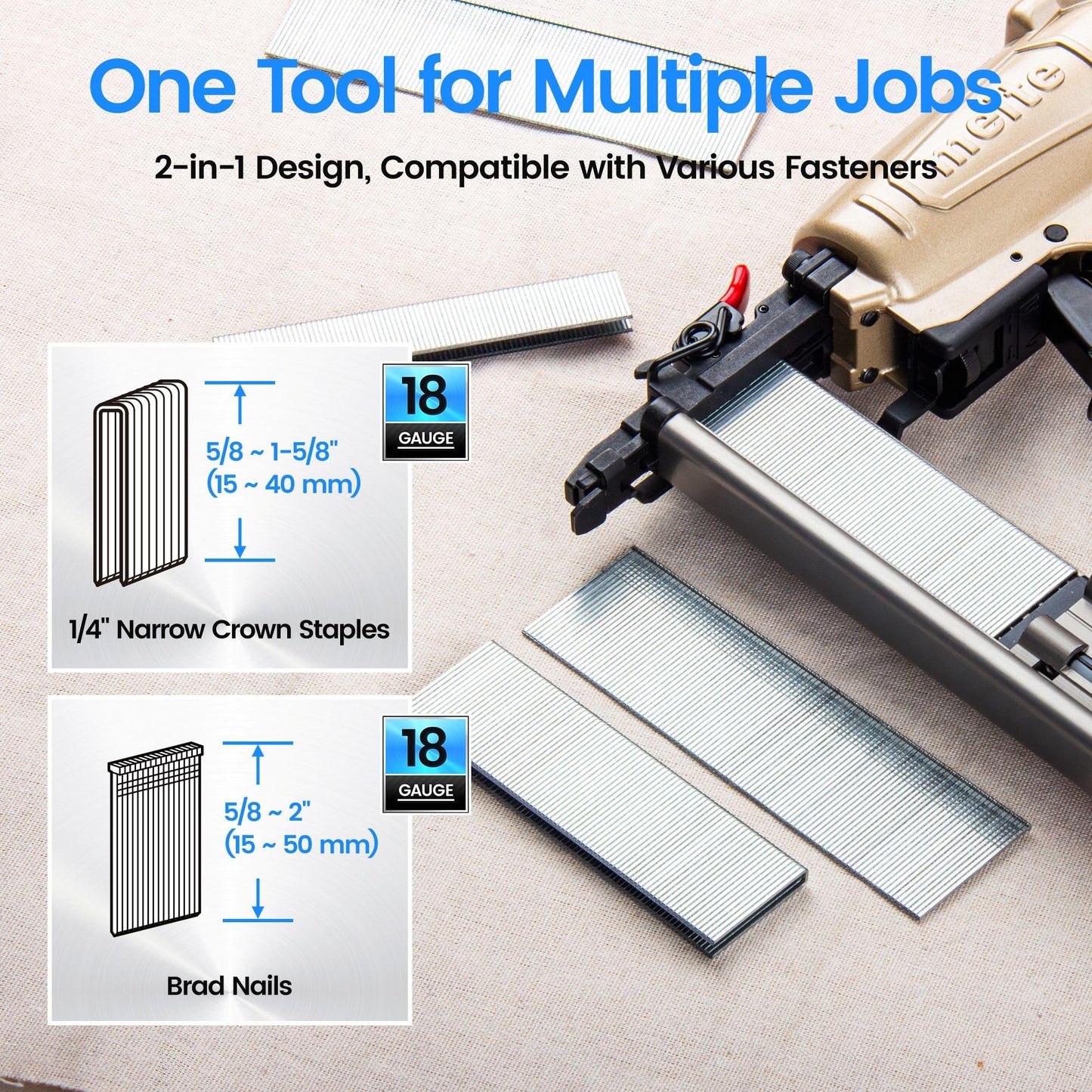 meite 18-Gauge 2-in-1 Nail Gun, Pneumatic Brad Nailer and 1/4-Inch Narrow Crown Pneumatic Staple Gun for Upholstery, Finishing, Molding, and Woodworking (FK5040)