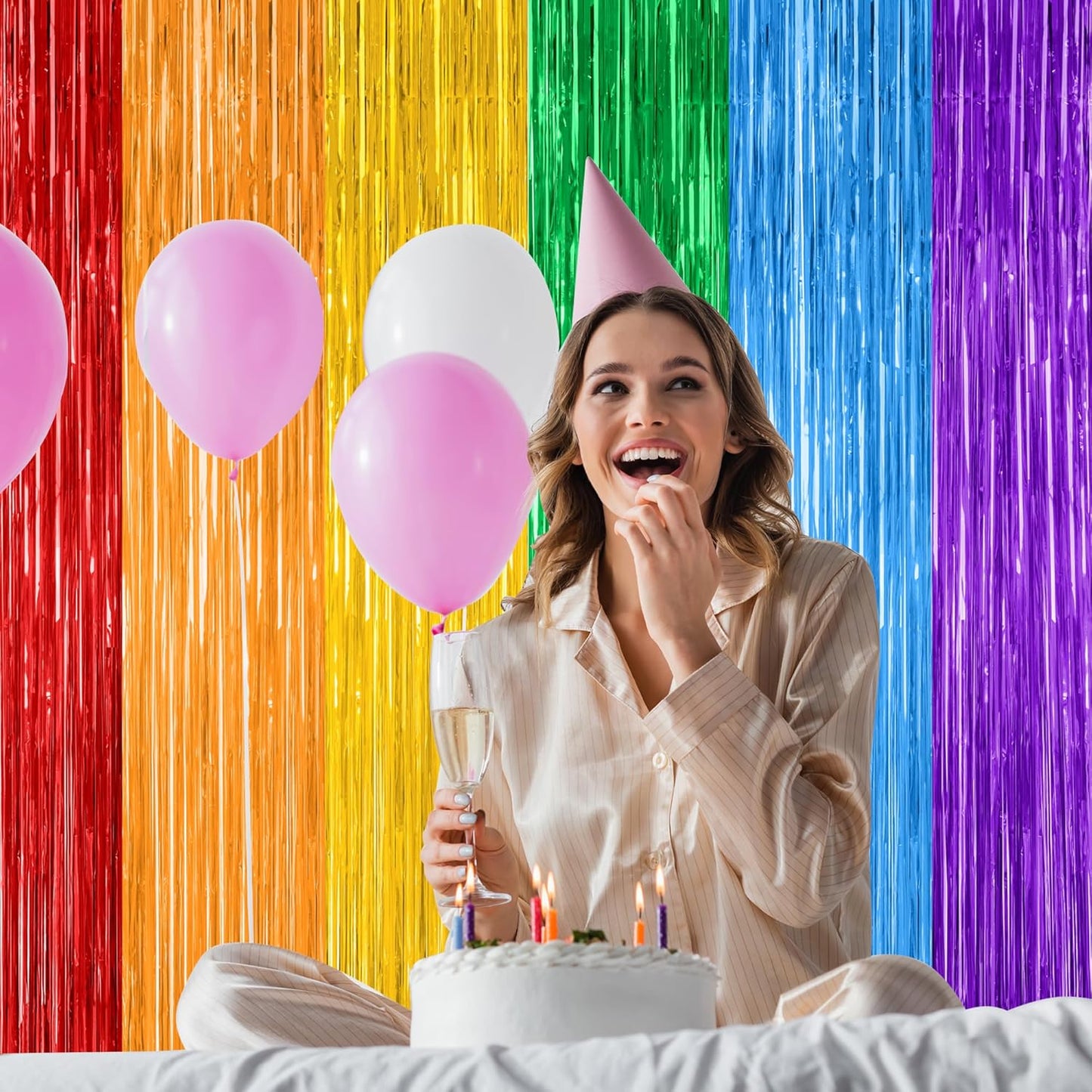 Rainbow Backdrop by [Brand Name] - 12 Pack Metallic Fringe Curtains | 3.28 FT x 7.05 FT Pride Party Decor