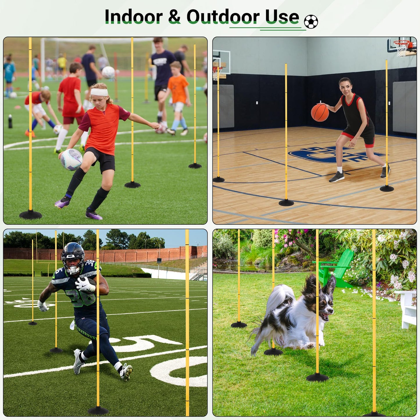 Neoaider 6 FT Agility Poles for Soccer, Basketball, Football, Equestrian, Pet Training, 4 Pack Detachable Soccer Poles w/Rubber Bases, Pole Bending Poles for Horses, Indoor/Outdoor Use