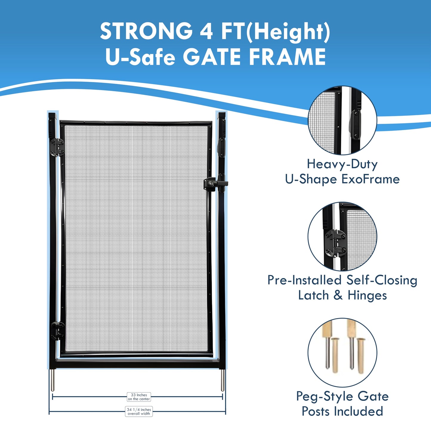 All Safe Pool Fence Door Gate Kit - 4-Foot Black Self-Closing Pool Gate for Decks, Lockable & Easy DIY Installation - Safety Swimming Pool Gate for Kids & Inground Pool Fencing, Durable U-Safe Frame
