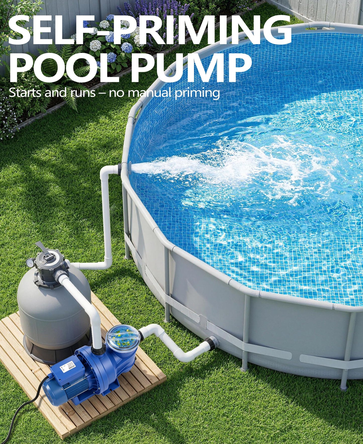 LuxBlue 1.5HP In/Above Ground Pool Pump | Powerful Self-Priming Pool Pumps | Max 6060GPH, 52FT Head Lift for Energy Efficient Water Circulation & Filtration, Includes 1.25"/1.5"/2" Hose Connectors