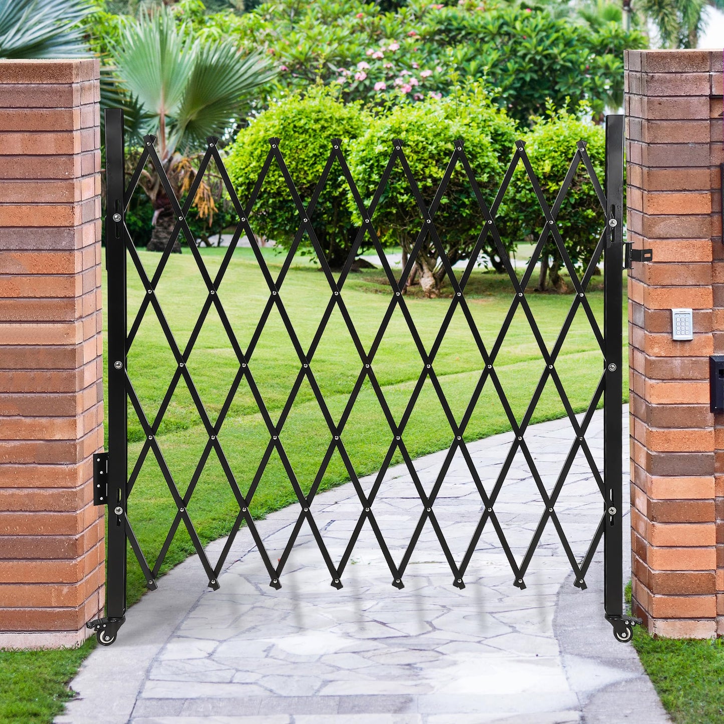 50" High x 67" Wide Expanding Security Gate. Black Aluminum Folding Scissor Gate with 360° Rolling Design. a Flexible and Portable Barricade for Driveways, Doors, and Access Control.