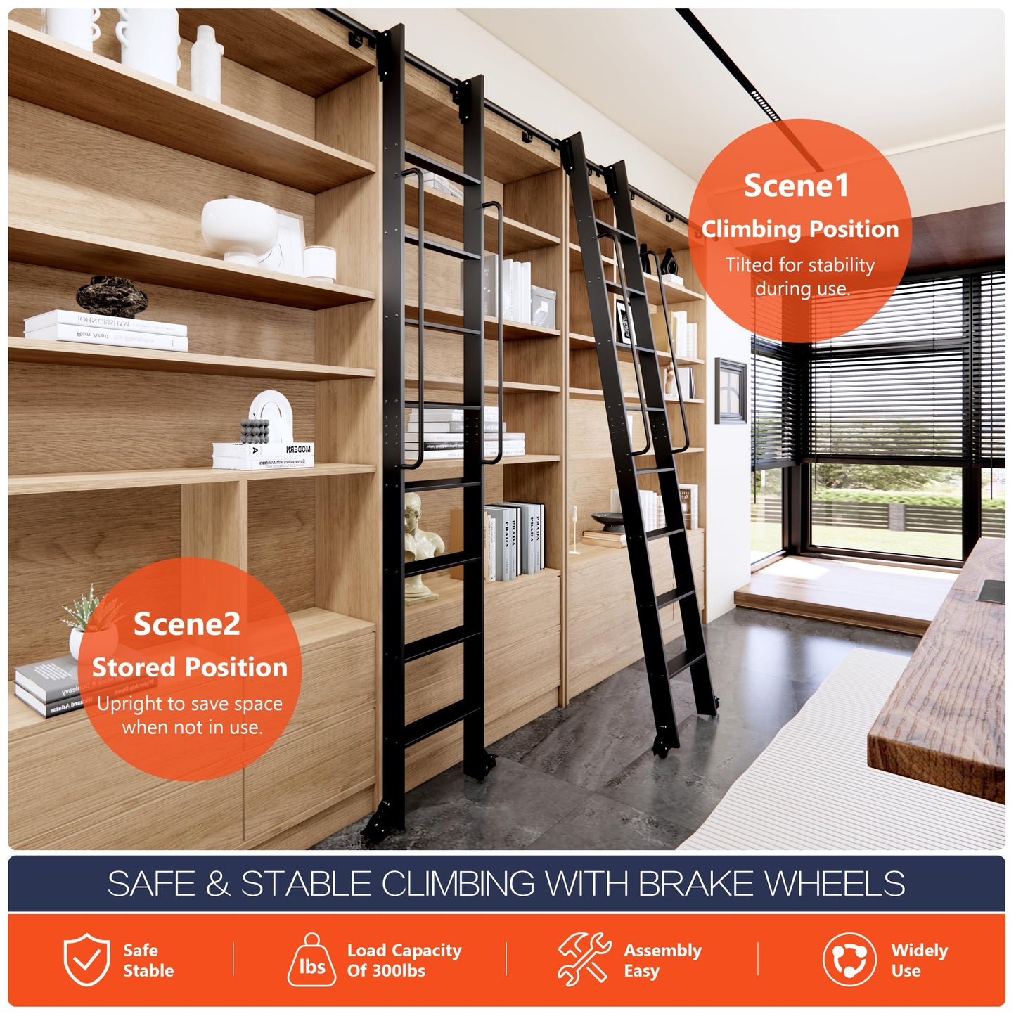HARDJULAN 87" Telescopic Sliding Library Ladder with Handrail – Lightweight Aluminum Rolling Ladder with Braking Wheels, 3.3FT Hook Ladder Track Kit for Home, Loft, and Bookshelves