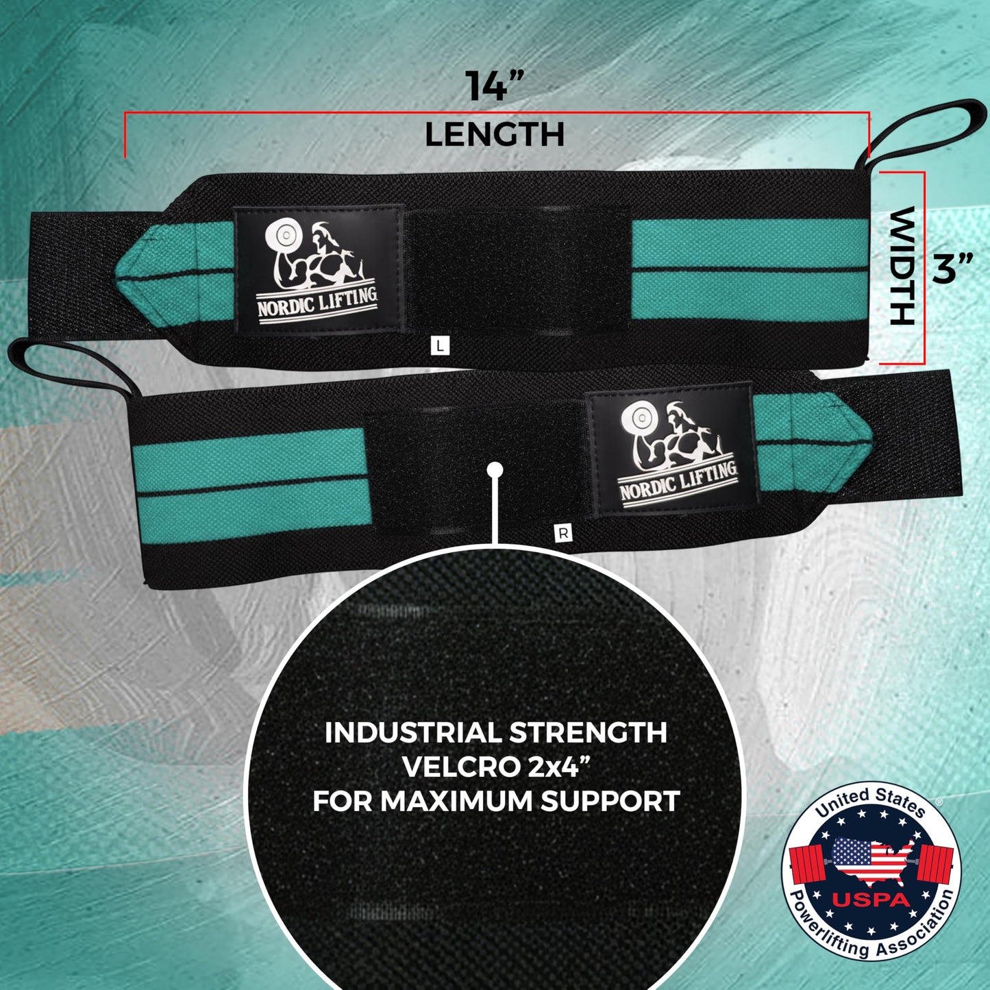 Nordic Lifting Wrist Wraps with Thumb Loops for CrossFit and Olympic Lifts, Wrist Wraps Support for Powerlifting and Weightlifting Workouts, Aqua Blue