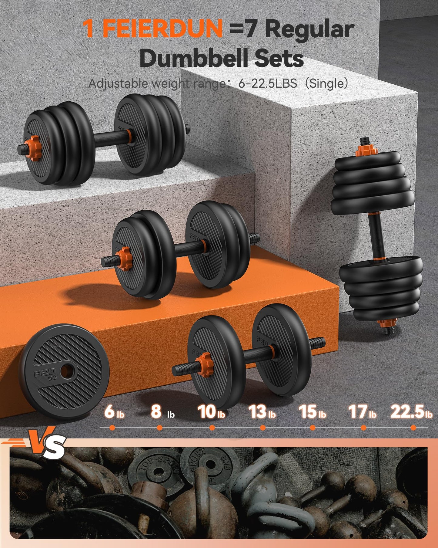 FEIERDUN Adjustable Dumbbells, 50lbs Free Weight Set with Connector, 4 in1 Dumbbells Set Used as Barbell, Kettlebells, Push up Stand, Fitness Exercises for Home Gym Suitable Men/Women