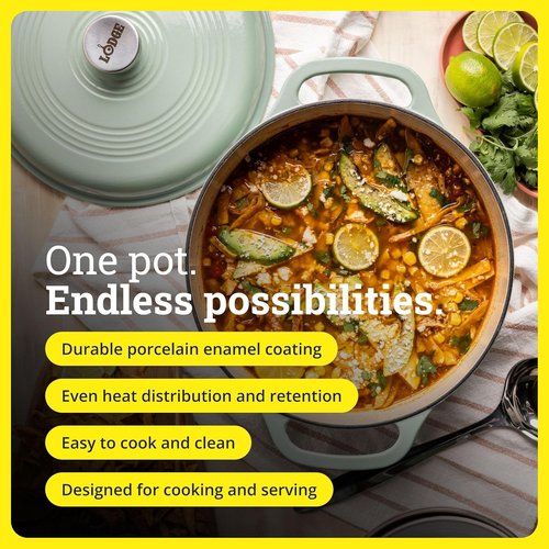 Lodge Essential Enamel Cast Iron Dutch Oven - 6 Quart Moisture-Sealing Lid & Dual Handles - Desert Sage