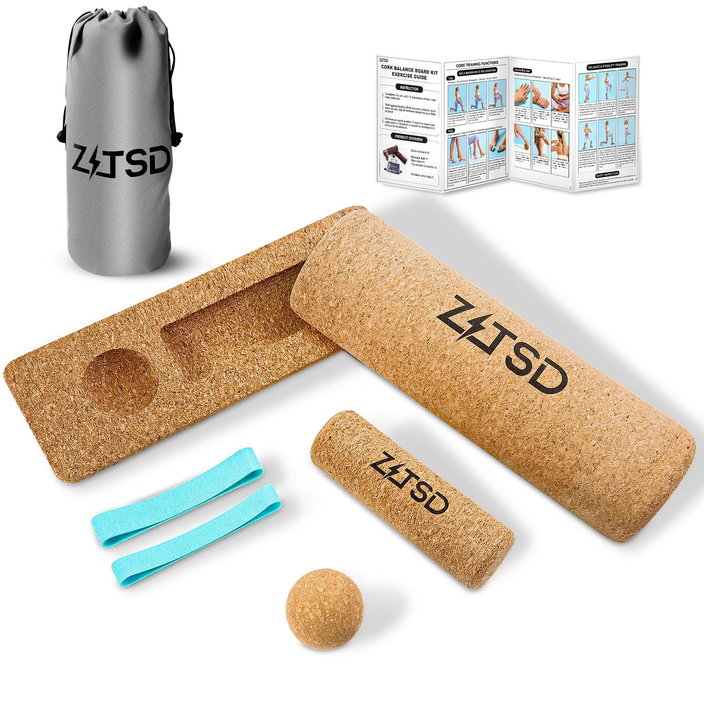 ZITSD Cork Balance Board for Feet, 4-in-1 Ankle Balance and Foot Strengthener Kit with Half Dome Boards, Foot Roller, Massage Ball, Toe Resistance Bands and Exercise Guide