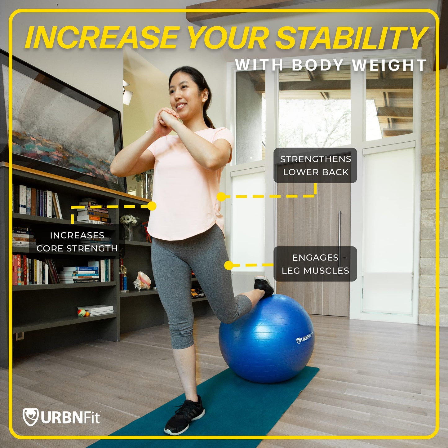 URBNFit Exercise Ball - Yoga Ball in Multiple Sizes for Yoga, Pilates, Pregnancy, Stability - Anti-Burst Swiss Balance Ball w/Quick Pump – Office Ball Chair for Home and Gym – 26 Inch - Black