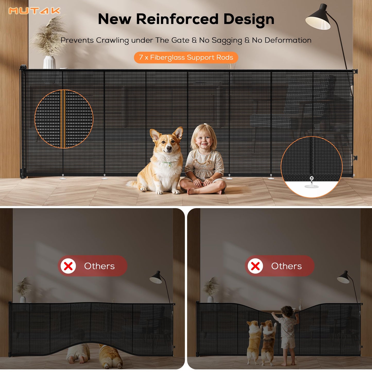 Mutak Retractable Baby Gate for Stairs, 42" Tall X 200" Wide Mesh Dog Gate Indoor, Child Gate for Doorways, Hallways, Deck, Indoor Outdoor Pet Baby Safety Essentials for Home, Black