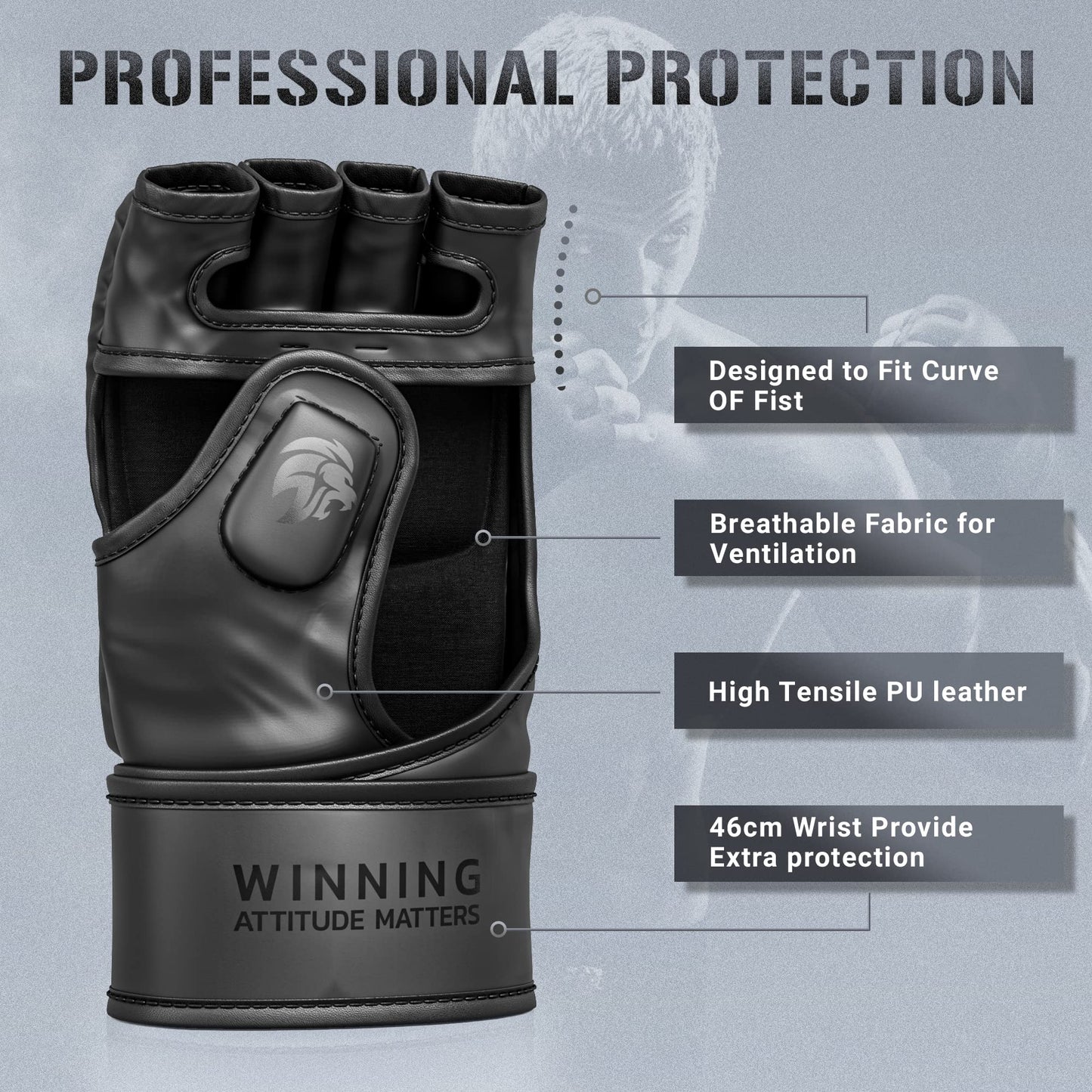 WAMM Sports MMA Gloves - for Men & Women - MAXForce EVE Anti-Injury Shock Absorb Boxing Gloves Kickboxing Gloves - Half Finger, Open Palm for Muay, Sparring, Punching Bag (Black, Large/XLarge)