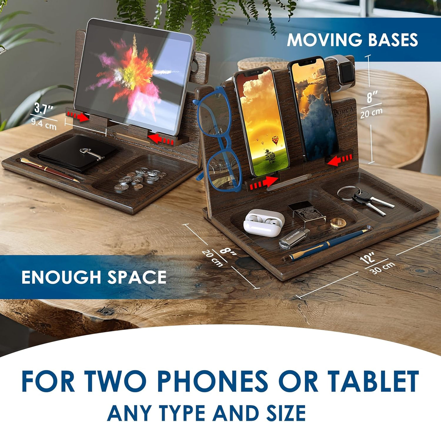 BarvA Two Phone Docking Station | Night Stand Desk Organizer | Wood Nightstand Organizer | Tablet Smart Watch Earbuds