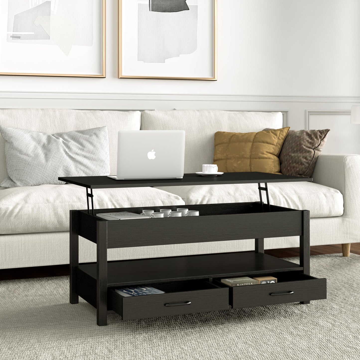 Panana Coffee Table, Lift Top Coffee Table with Hidden Compartment, 2 Drawers and 1 Open Shelf, Retro Central Wooden Table Lift Tabletop for Living Room (Black)