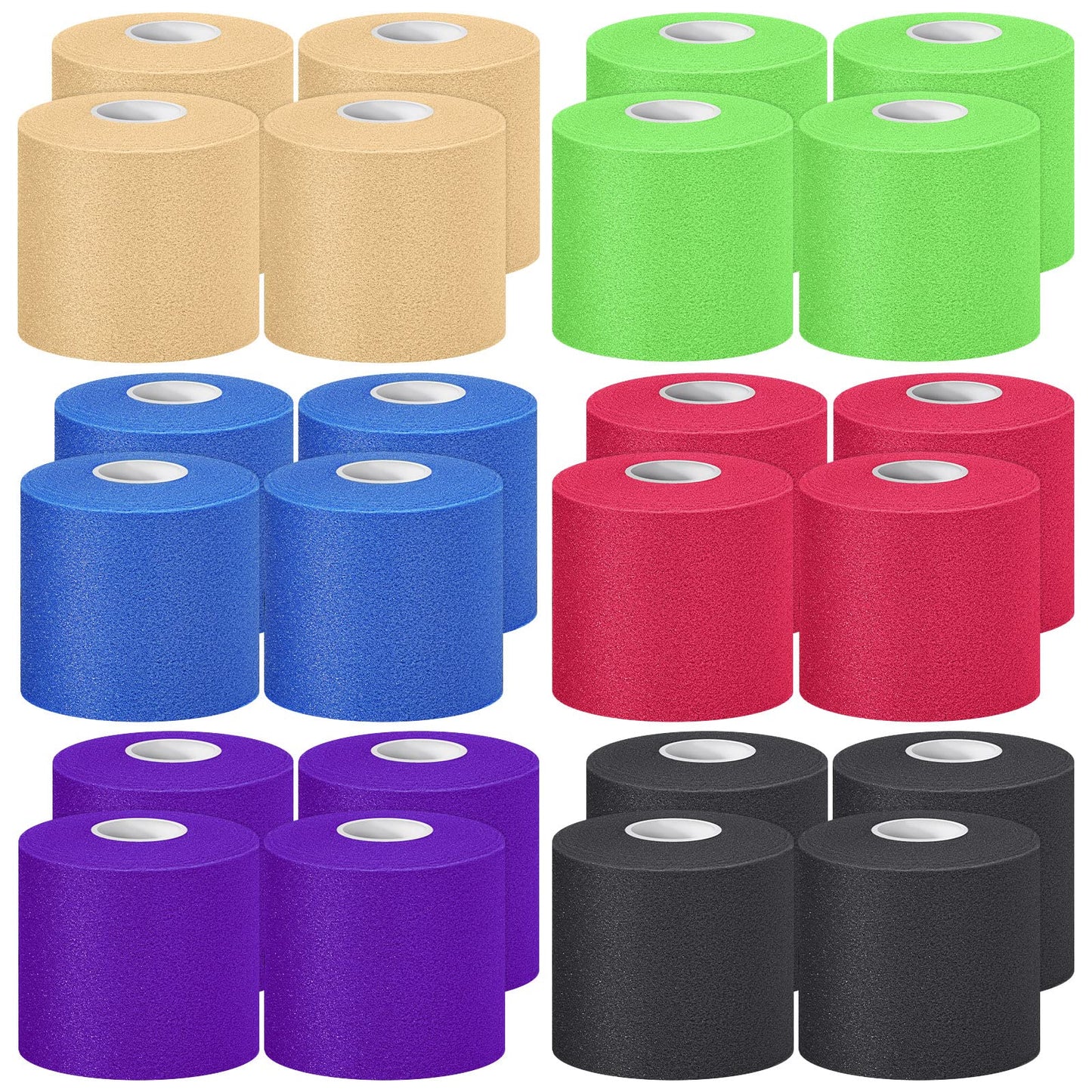 Nuanchu 24 Pieces Wrap Athletic Tape 2.75 Inches x 30 Yards Athletic Foam Underwrap Tape for Hair Soccer Sport Pre Wrap Ankles Wrists Hands and Knees(Black, White, Beige, Rose Red, Lime Green, Blue)