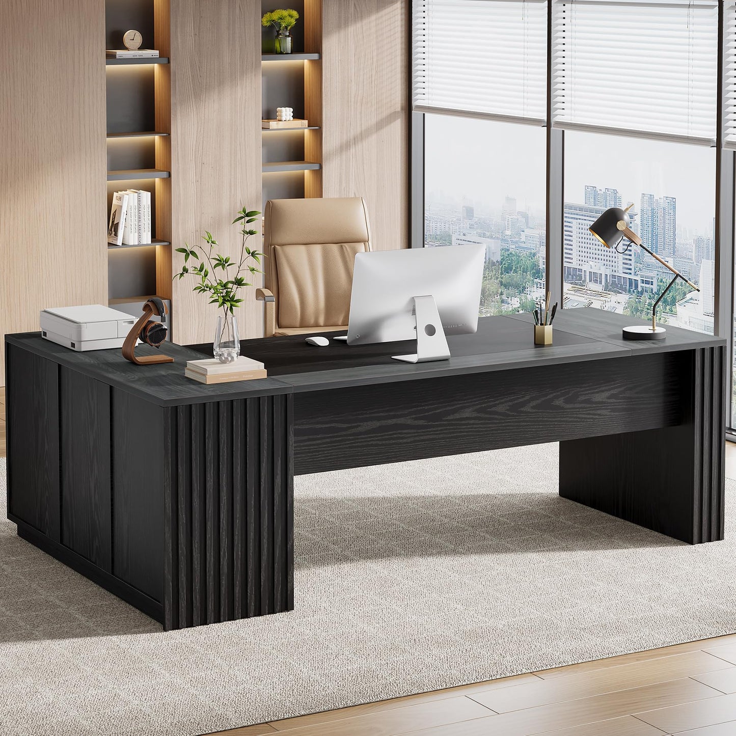 Tribesigns 78" L Shaped Executive Desk with Drawers, Large Office Computer Desk with Cabinet and Storage Shelves, Modern Business Furniture Sets Workstation for Home Office (Gray&Black)