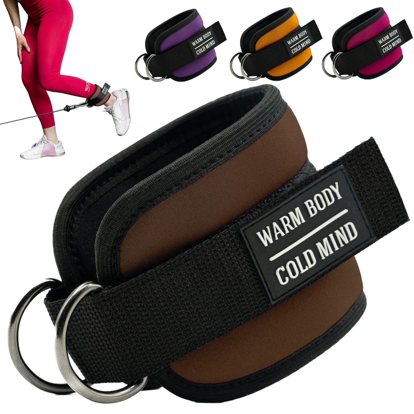 WARM BODY COLD MIND Adjustable Ankle Straps for Cable Machines Men and Women, for Gym, Weightlifting, Fitness, Workouts, Functional Trainers (Brown, Pair)