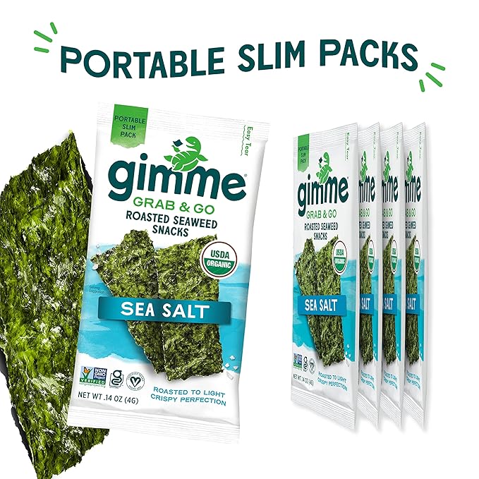 Gimme Seaweed Grab & Go - Sea Salt - 5 Count - Organic Roasted Seaweed Sheets - Keto Vegan Gluten Free - Great Source of Iodine & Omega 3’s - Healthy On-The-Go Snack for Kids Adults (Pack of 4)