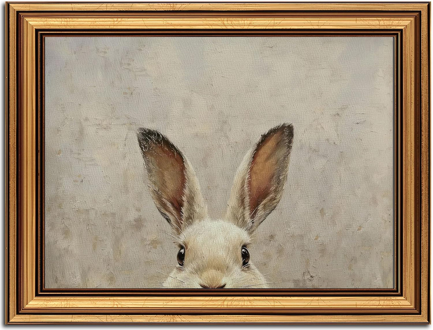 Regine Switzerland Vintage Gold Framed Bunny Canvas Wall Art - Rustic Rabbit Oil Painting 9x11in