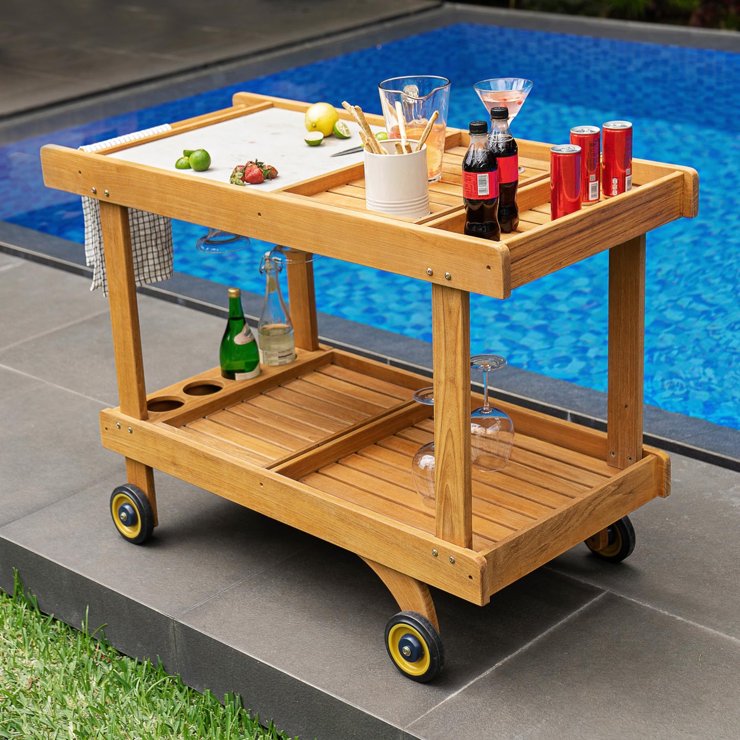 Cambridge Casual Mozaic Teak Outdoor Kitchen Cart, Solid Teak Wood Serving and Prep Station with Natural Finish, Weather-Resistant Utility Cart for Patio, Garden, BBQ, or Outdoor Entertaining Space