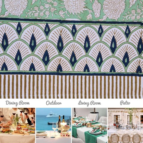 Handblock Print Cotton Tablecloth – 72x135 Rectangle Table Cover Seats 8-10 – Indian Block Printed Floral Dining Table Linen – Boho Washable Cloth for Kitchen, Party, Outdoor (Green)