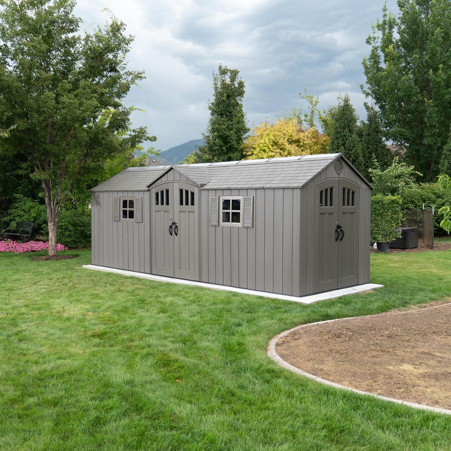 Lifetime 20x8 Ft Outdoor Storage Shed, Gray HDPE Construction, Steel-Reinforced Walls, Dual-Entry Design with Lockable Doors, Skylights, Adjustable Shelving System, Snow Load Kit Included