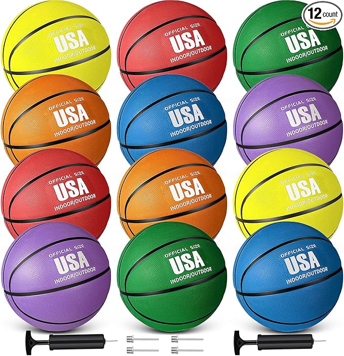 Libima 12 Pcs Operation Christmas Rubber Basketballs Official Size Bulk with Pump Multicolor Basket Balls Streetballs Set for Adult Youth Indoor Outdoor Training Games Sports Gifts