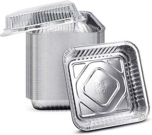 Fig & Leaf 8” x 8” Square Baking Cake Pans - Heavy-Duty Disposable Aluminum Foil Tins | 35 Pack with Plastic Dome Lids