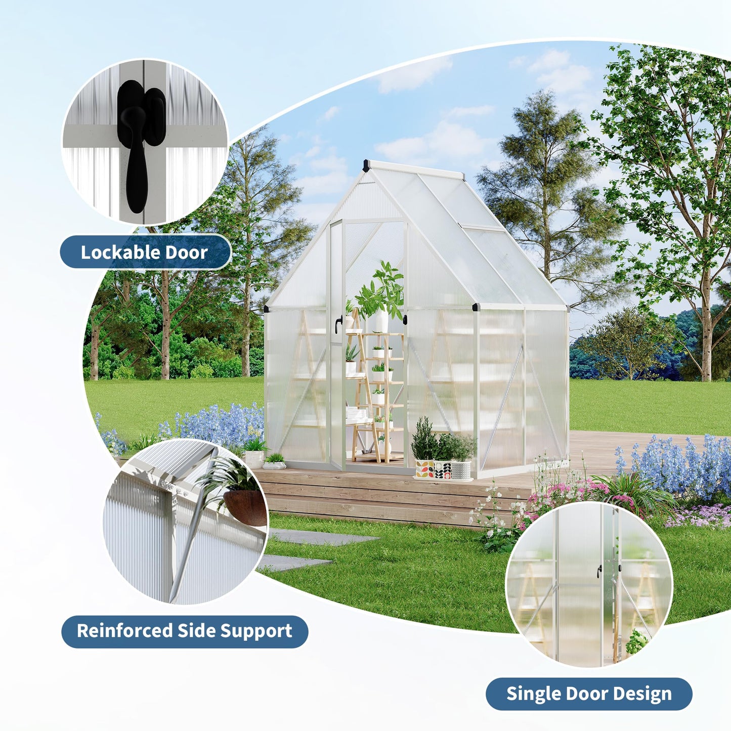 Polycarbonate Greenhouse for Outdoors, Large Walk-InGreenhouse with Quick Setup Structure and Roof Vent, Greenhouse with Ventilation