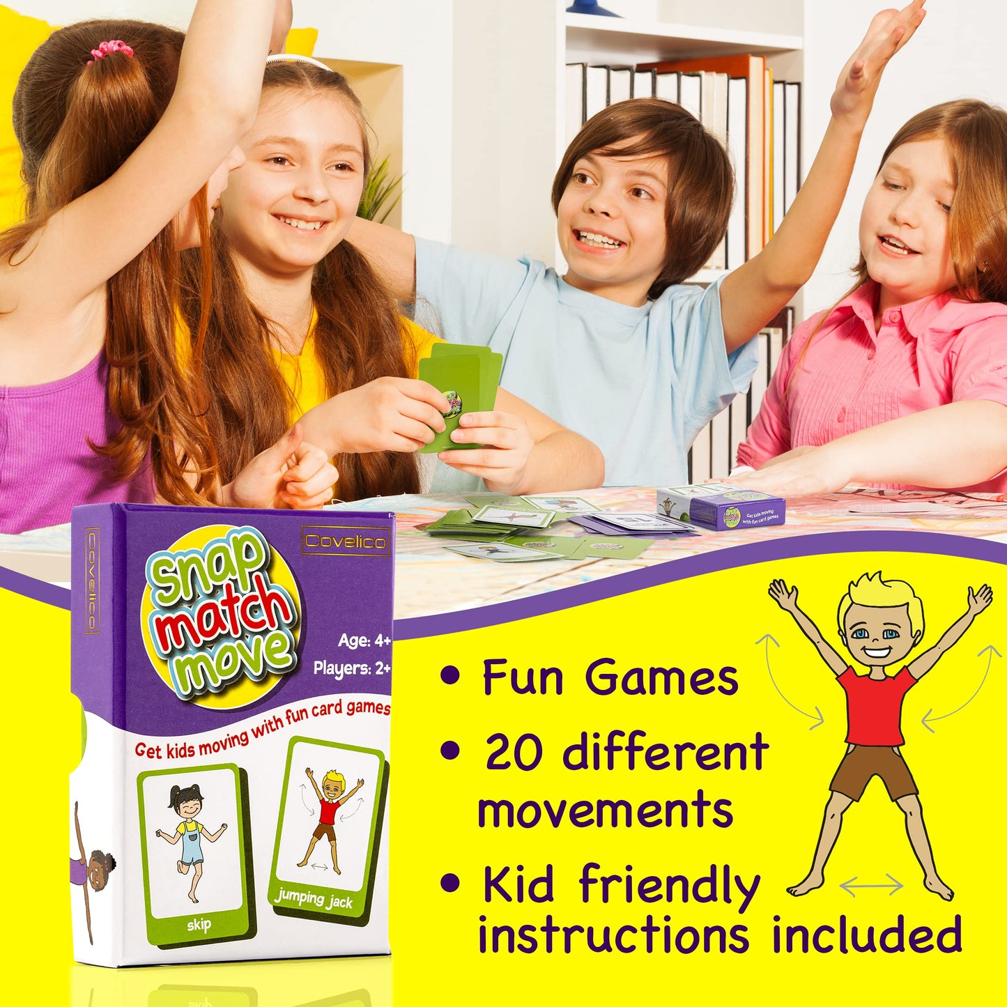 Covelico Kids Exercise Cards & Dice Set – 52 Activity Cards & 3 Foam Dice, Recess Toys, PE Equipment, Gross Motor Games for Kids 3–5, Indoor & Outdoor