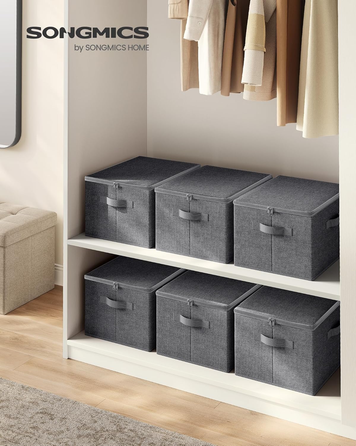 SONGMICS Foldable Storage Organizer Boxes - Set of 3 Bins with Lids & Handles | Slate Gray, 15.7 x 11.8 x 9.8 Inches