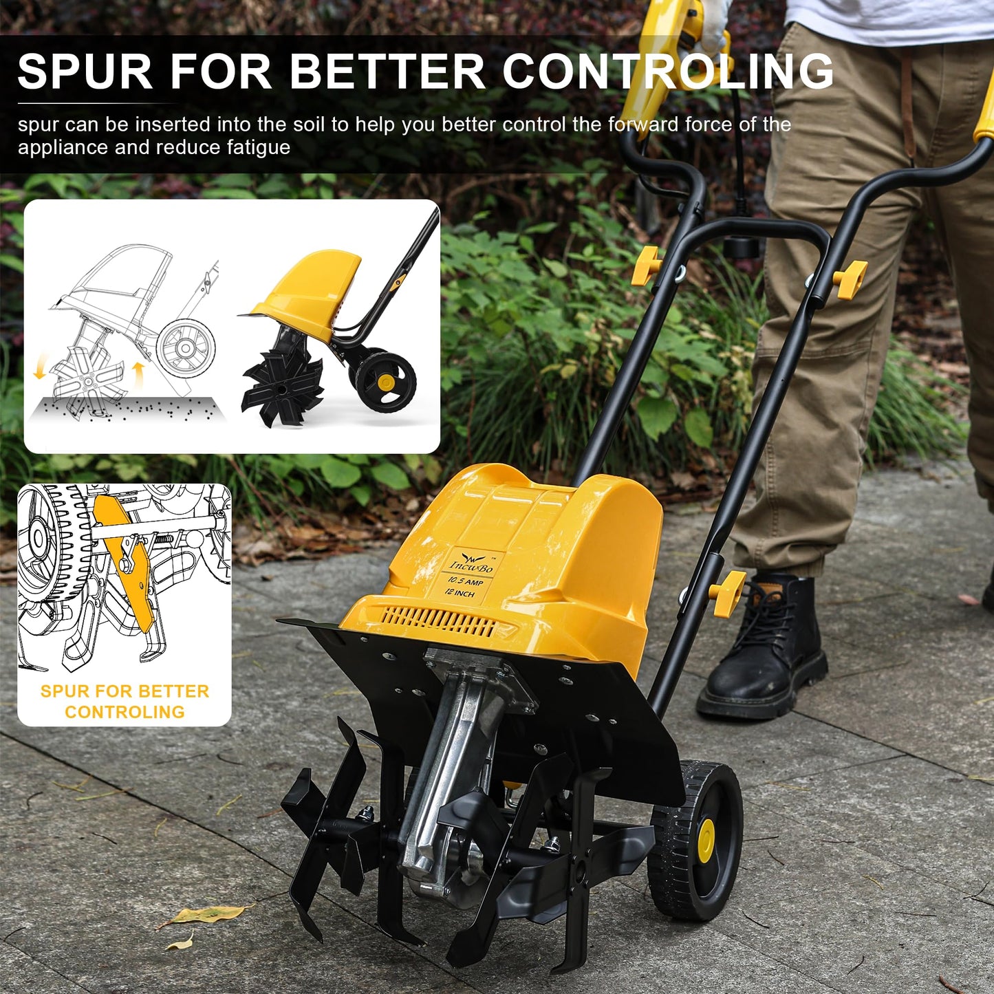 IncwBo Garden Rototiller 12-Inch 10.5-Amp Corded Electric Tiller/Cultivator, Adjustable Wheels, 8-Inch Tilling Depth, Powerful and Lightweight Tiller