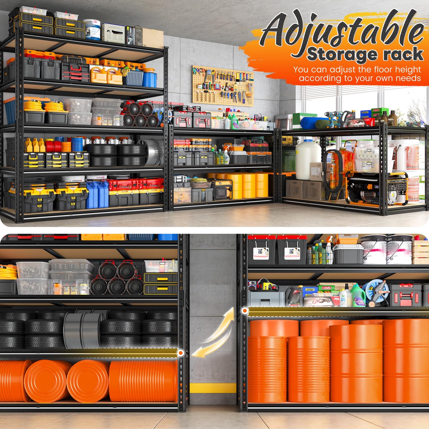 REIBII 48" W Garage Shelving 3080LBS Heavy Duty Storage Shelves 5 Tier Garage Shelves Adjustable Metal Shelving Unit Utility for Basement, Pantry, Warehouse, Commercial, Industrial, 72" H x 24" D