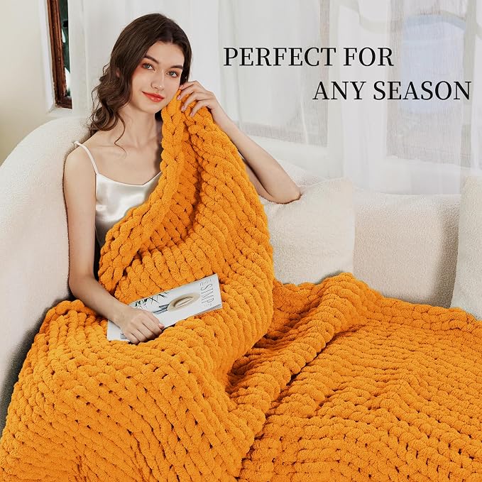 Admitrack Chunky Knit Blanket Throw, 100% Hand Knit Chenille Throw Blanket for Sofa & Home Decor, Soft and Cozy Knitted Throw Blankets (Orange, 51"x63")