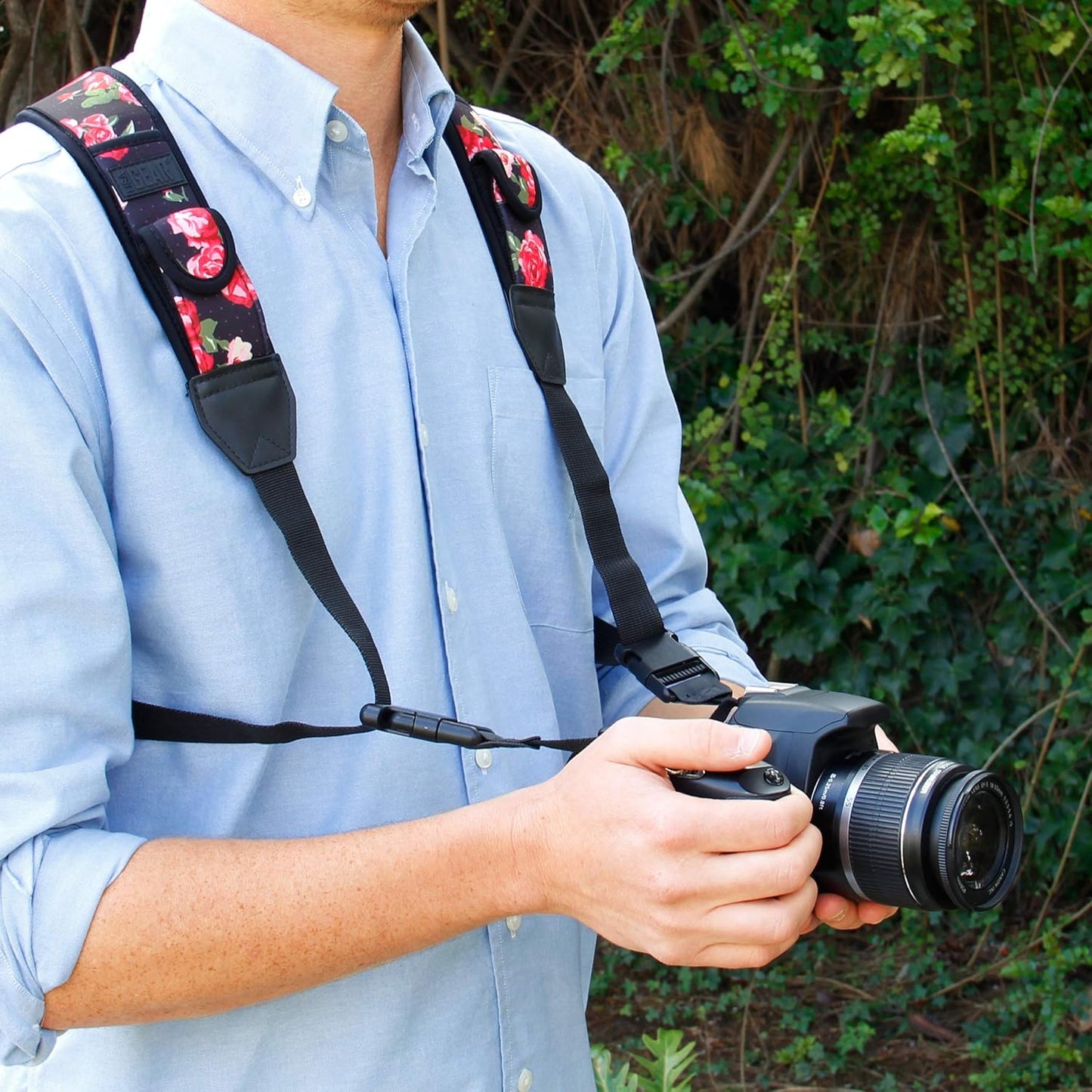 USA Gear DSLR Camera Strap Chest Harness with Quick Release Buckles, Floral Neoprene Pattern and Accessory Pockets